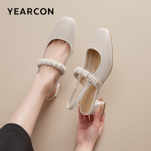 意尔康包头凉鞋女2024新款夏季玛丽珍鞋女中跟法式粗跟后空单鞋女