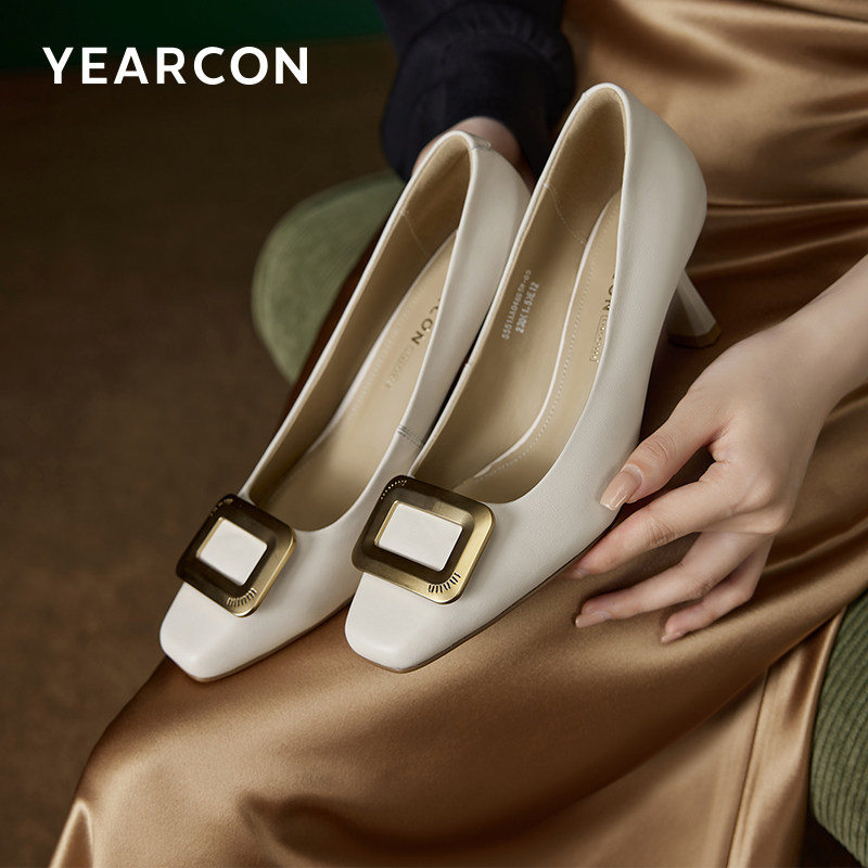 意尔康女鞋2024新款秋季方头高跟鞋女浅口细跟真皮单鞋职业时装鞋