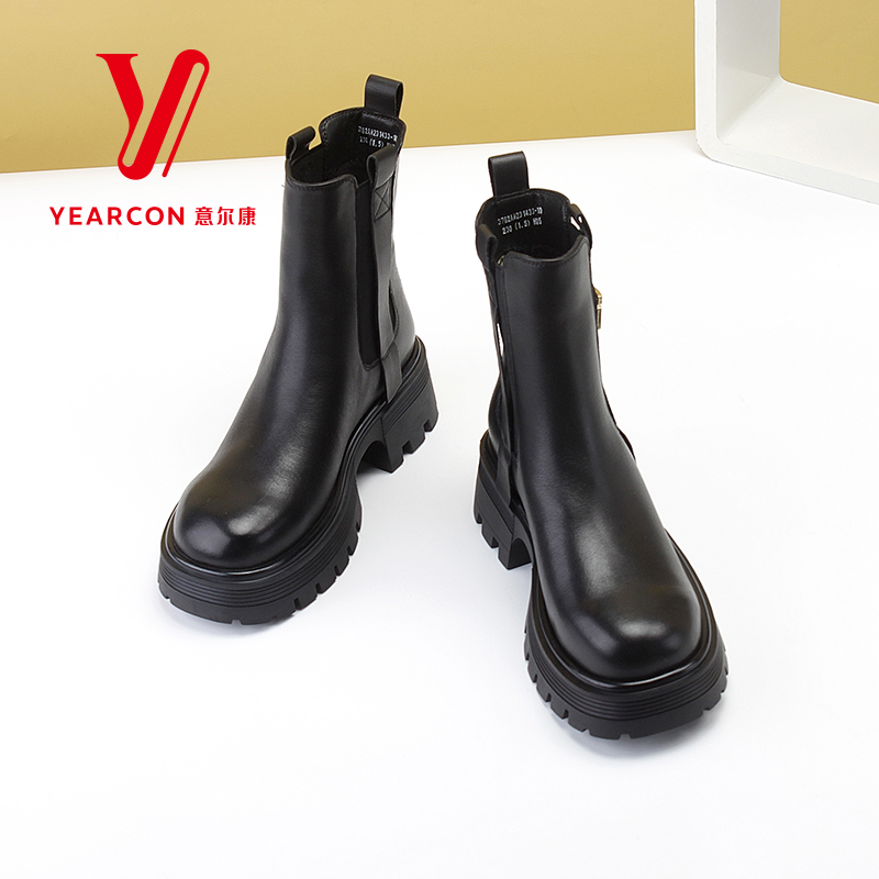 意尔康女靴2024新款冬季加绒烟筒靴女真皮厚底切尔西短靴时装靴子