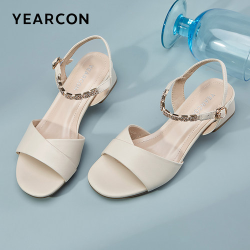 意尔康凉鞋女夏季真皮粗跟高跟鞋