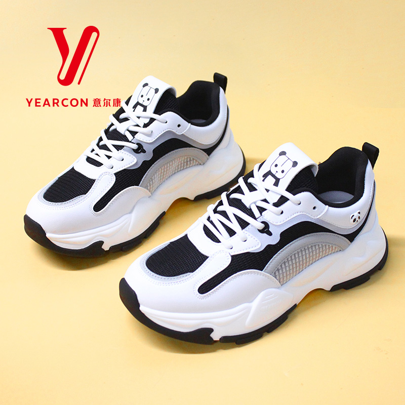 意尔康女鞋2024新款厚底老爹鞋女休闲鞋百搭运动鞋网面透气熊猫鞋