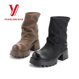 意尔康女靴2025新款秋冬季加绒短靴女粗跟中筒靴子高跟堆堆裤管靴