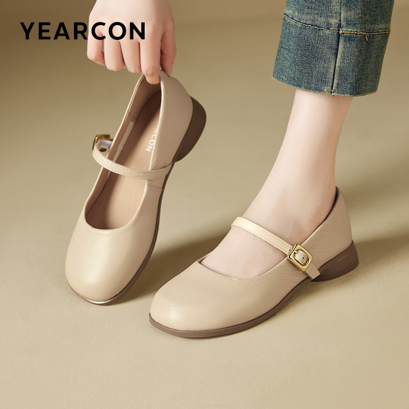 意尔康女鞋2025新款春季真皮玛丽珍鞋女圆头平底单鞋舒适小皮鞋女