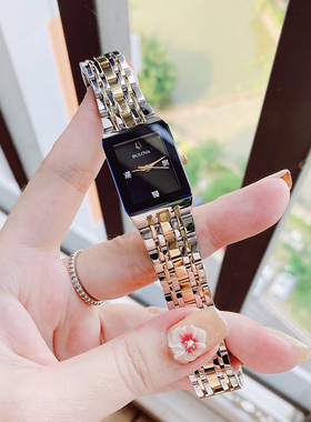 宝路华长方形手表女款Bulova Quadra时尚镶钻黑盘间金石英女腕表