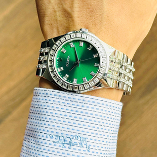 Bulova手表男款时尚方钻简约绿色表盘气质银色表带石英男士腕表