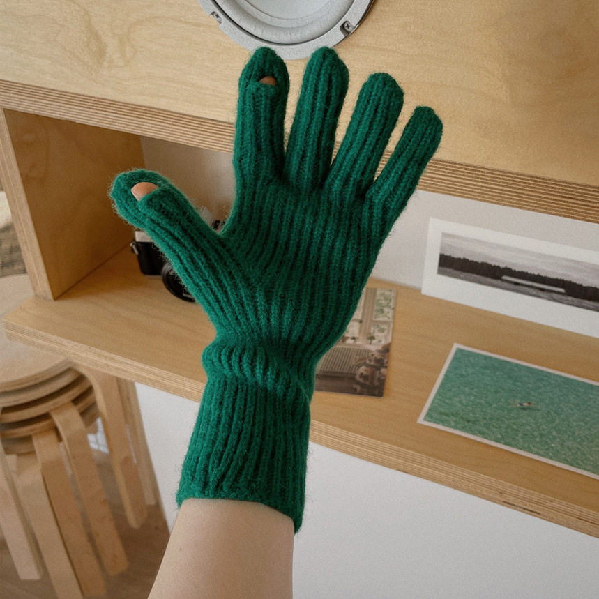 纯色保暖手套冬季女款露指玩手机触屏毛线针织加厚韩版百搭潮
