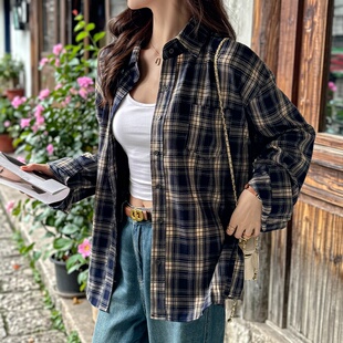 格纹港风衬衫复古冷淡风长袖防晒衬衣女款春季开衫设计感格子外套