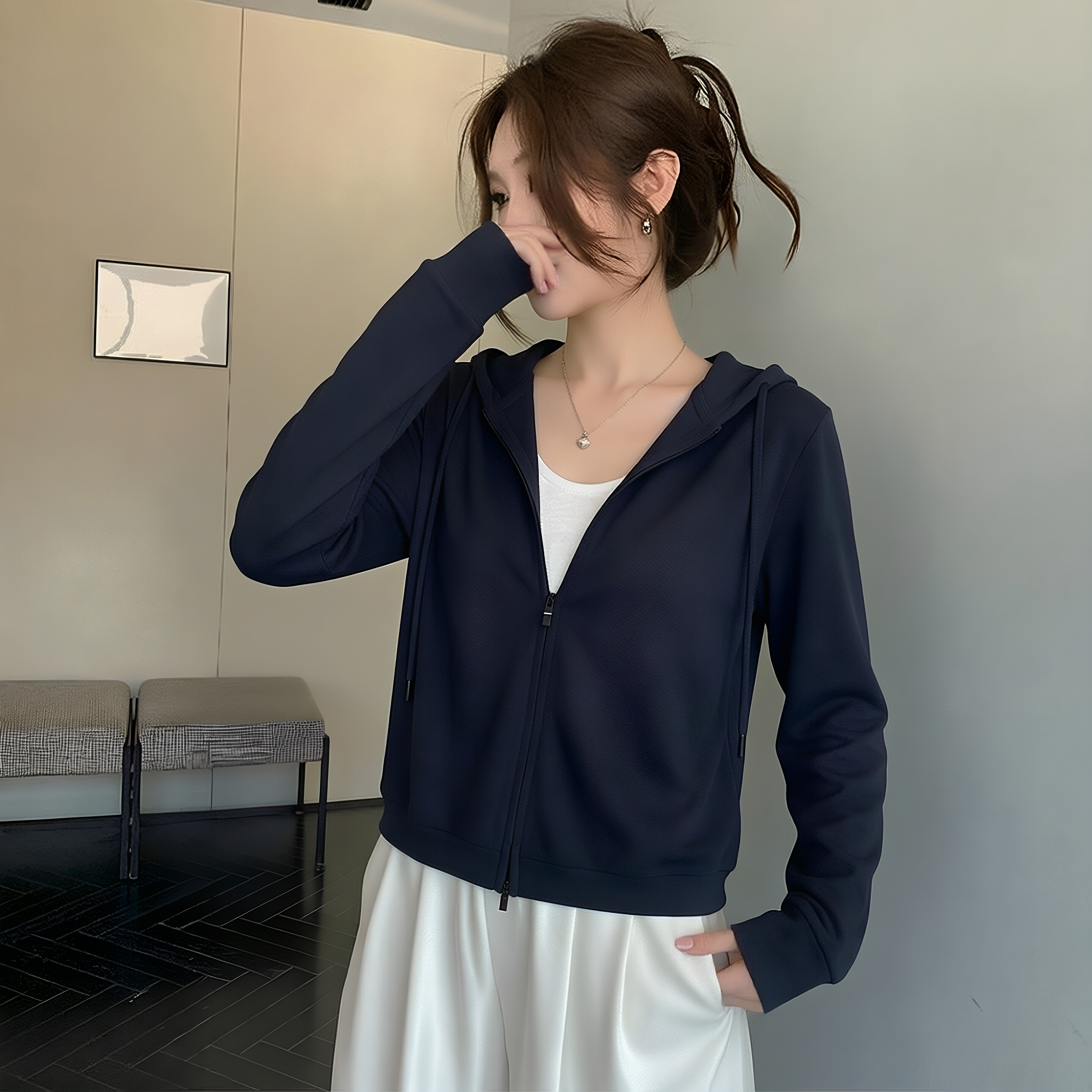 韩系少女连帽拉链宽松卫衣