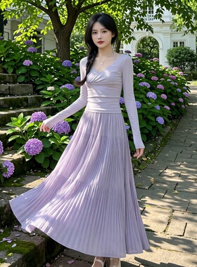 紫色压褶半身裙女夏季2026新款小个子高腰显瘦百褶中长款a字裙子