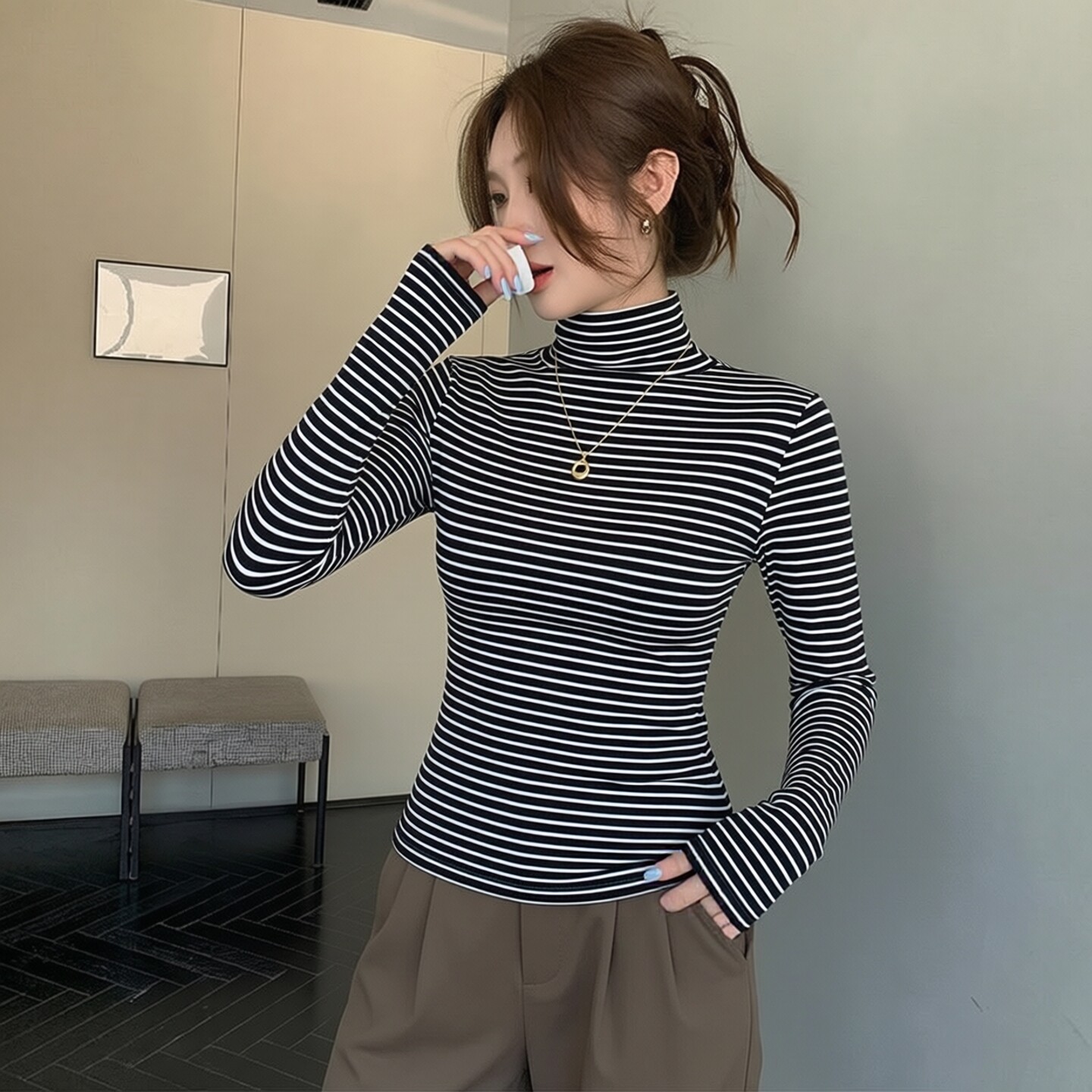 韩版条纹半高领女打底T恤