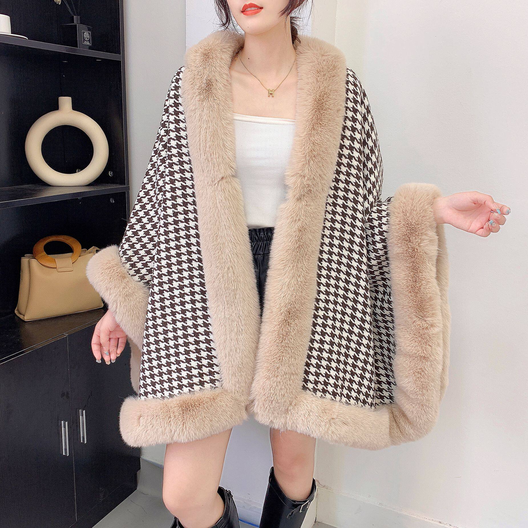 2025新款欧美仿獭兔毛超大毛领千鸟格街头披肩围巾斗篷遮阳女