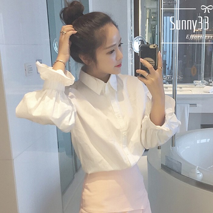 韩国学院风百搭衬衫女长袖学生甜美上衣秋冬泡泡灯笼袖纯白寸衫。|ruв категории Женская одежда, рубашка - от Buy2taobao.com для оказания профессиональной услуги покупки агента Taobao