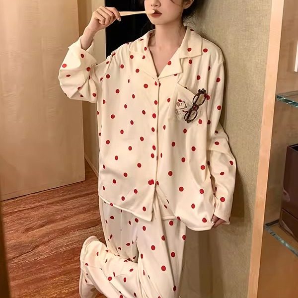 韩国甜美少女可爱波点卡通磨毛睡衣女秋冬保暖宽松外穿家居服套装