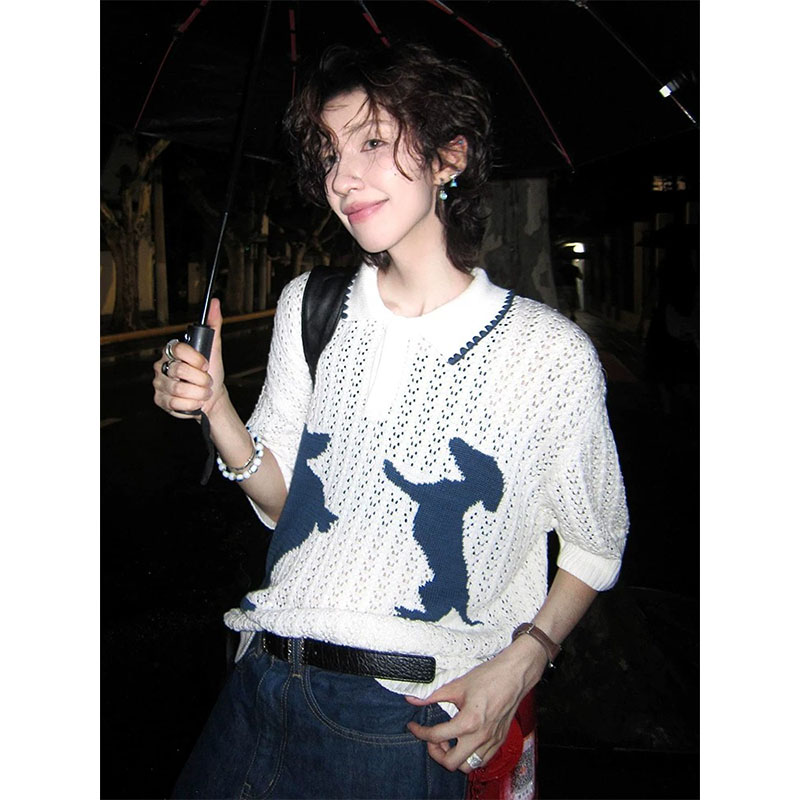 美式复古街头针织短袖女夏季薄款图片