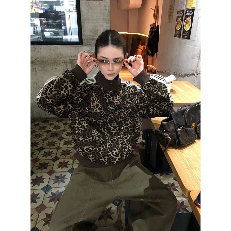美式复古街头豹纹开衫卫衣外套男女秋季宽松休闲立领拉链短款夹克