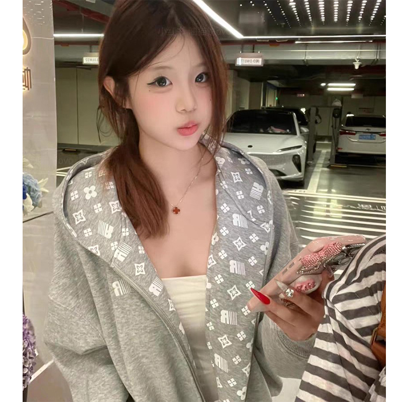 美式复古开衫连帽卫衣女