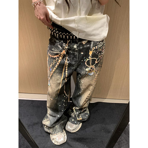 AC风格3D打印链条直筒牛仔裤男女