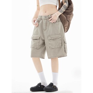美式复古多口袋工装短裤男女夏季新款水洗休闲宽松直筒阔腿五分裤