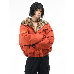 美式 宽松加厚保暖夹克棉衣 街头廓形剪裁豹纹座山雕棉服外套女冬季