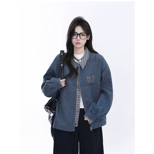 假两件千鸟格翻领工装夹克男女