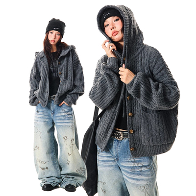 美式复古高级感麻花连帽毛衣女