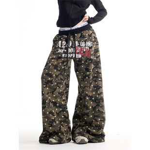 美式复古印花迷彩弯刀卫裤女冬季加绒加厚宽松阔腿抽绳休闲长裤潮