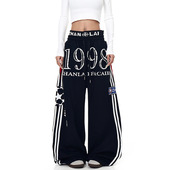 美式 子宽松阔腿裤 复古条纹拼接双腰头休闲卫裤 女运动爵士舞jazz裤