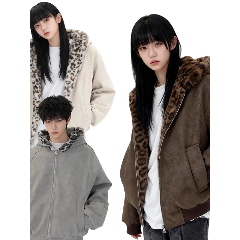 加绒加厚短款豹纹棉服外套男女