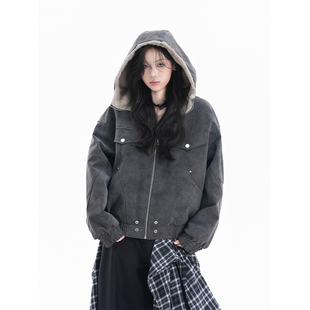 美式 cleanfit加厚保暖皮衣夹克棉服潮 复古毛绒连帽棉衣外套女冬季