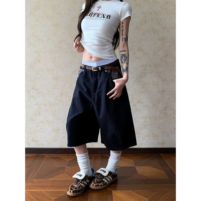 美式复古拼接格纹口袋牛仔七分裤图片