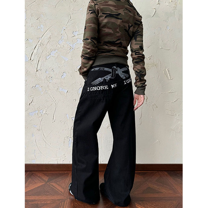 美式复古哥特风字母弯刀牛仔裤女高街cleanfit宽松工装阔腿长裤潮,女装/女士精品,牛仔裤,淘宝优惠券,粉丝福利购,淘宝优惠卷