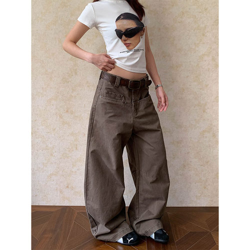 美式复古廓形弯刀工装裤男女新款