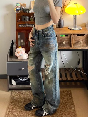 美式高街复古破洞牛仔裤男女潮牌