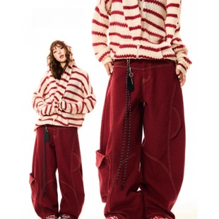 女高街vibe设计感宽松阔腿弯刀裤 牛仔裤 复古解构明线红色工装 美式