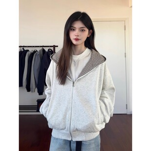 美式高街双面穿千鸟格外套女春秋cleanfit情侣宽松开衫连帽卫衣男