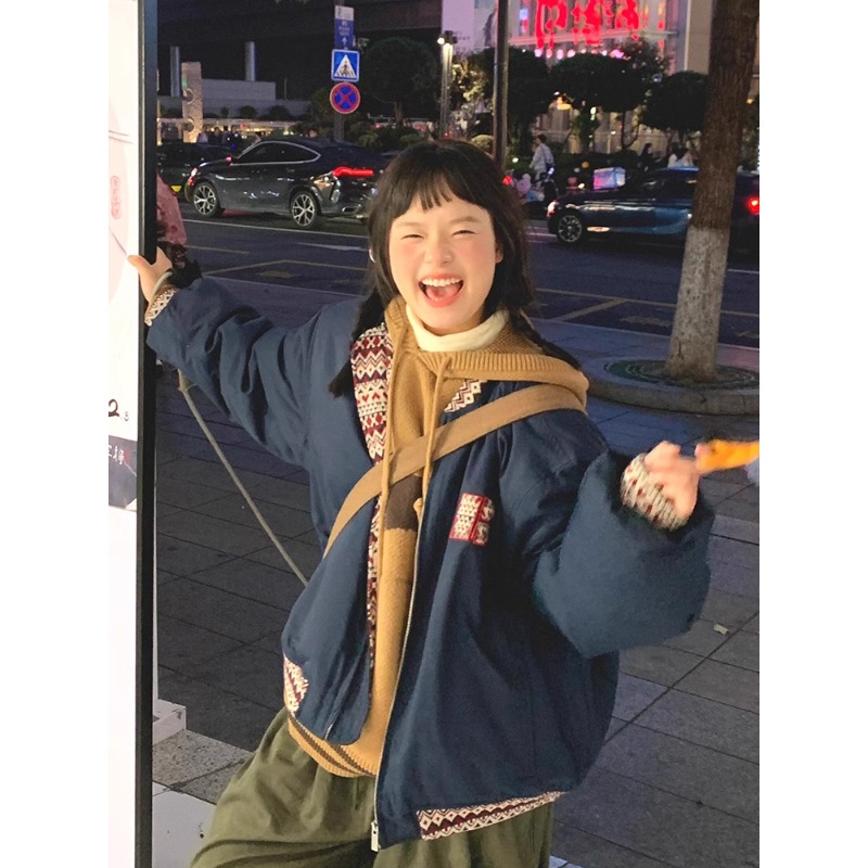 美式复古藏青色夹棉棒球服外套女