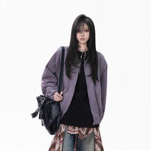 美式复古皮领拼接工装夹克女秋季潮牌宽松百搭休闲cleanfit短外套