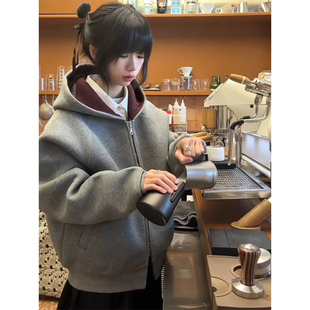 型休闲情侣帽衫 美式 卫衣男女boxy版 连帽开衫 外套潮 重磅空气层短款