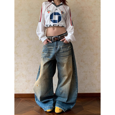 美式复古做旧水洗弯刀牛仔裤男女