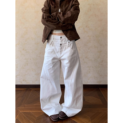 美式复古设计感双腰头牛仔裤女