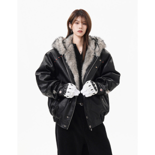 美式 加绒加厚毛领机车服外套潮 重磅高街脊煞座山雕皮衣棉服女冬季