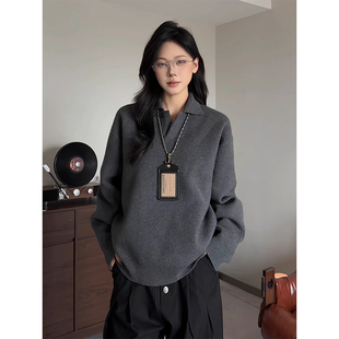 秋冬季海鸥v领翻领毛衣男女老钱风cleanfit针织衫慵懒高级感上衣