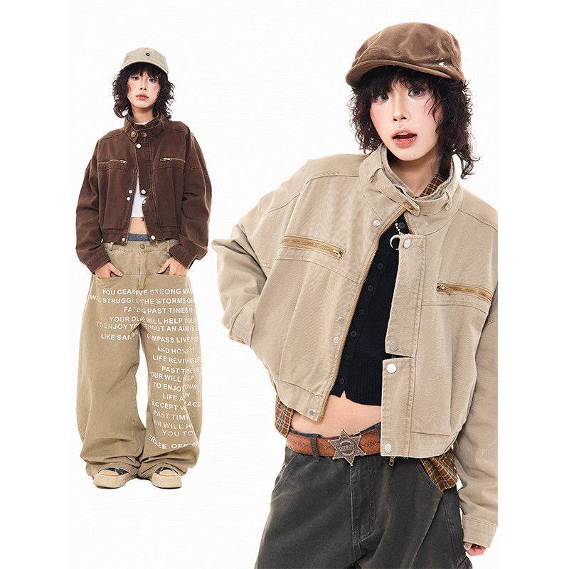 美式复古巴恩风工装牛仔外套女春秋新款宽松短款机车风立领夹克潮,女装/女士精品,短外套,淘宝优惠券,粉丝福利购,淘宝优惠卷