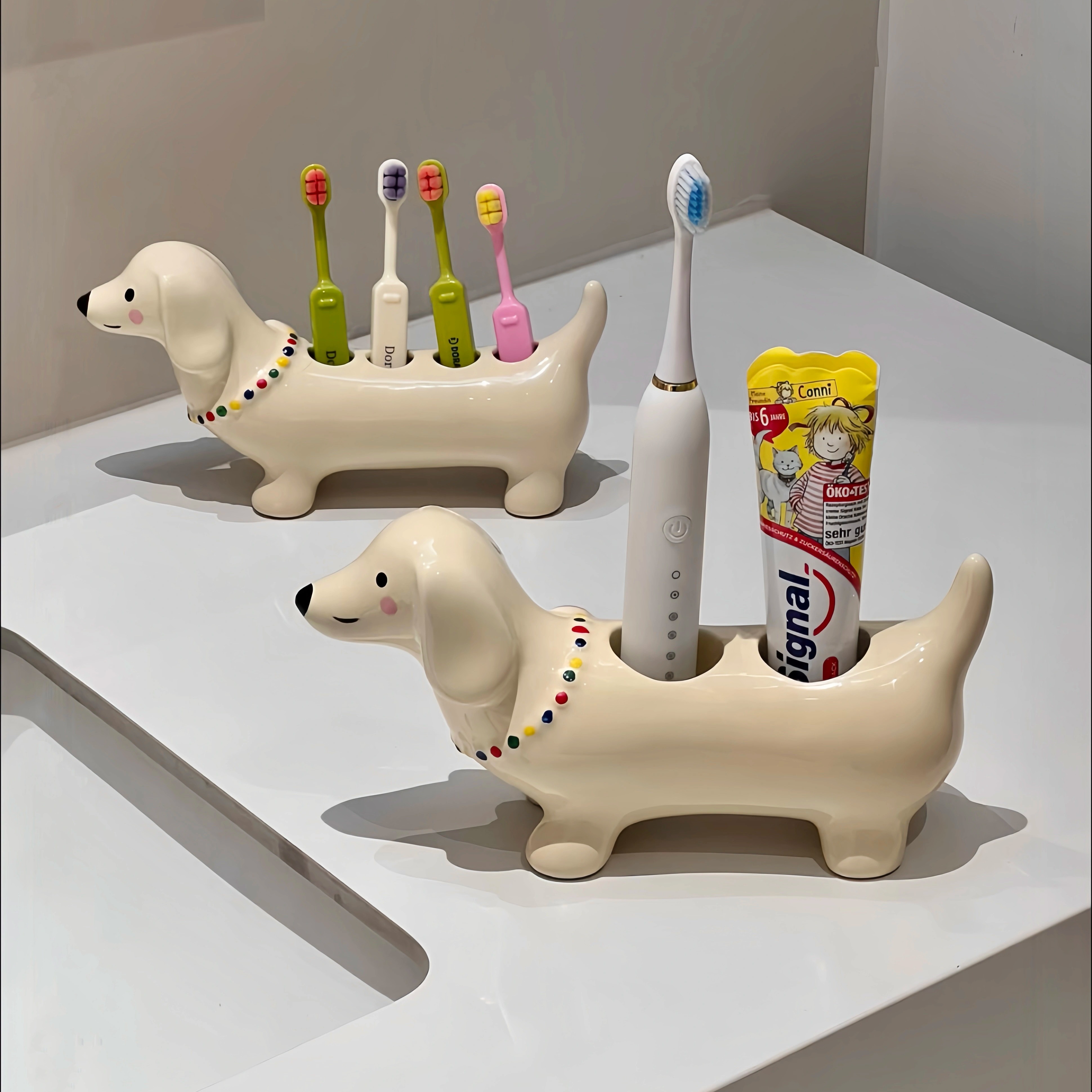 可爱腊肠狗牙刷架卡通陶瓷家用卫生间收纳手电动牙刷置物牙刷底座