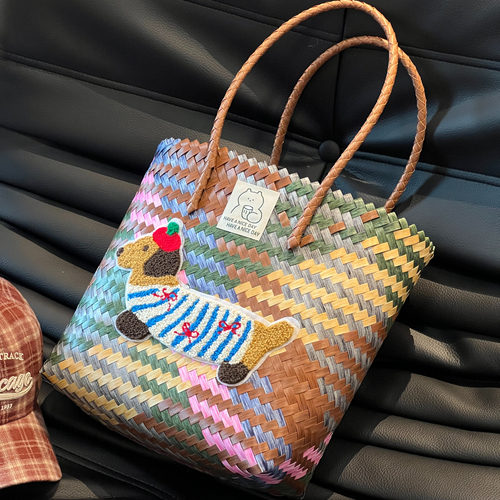 ANNAHOUSE家居馆单肩编织电脑包条纹腊肠狗编织包DAJIAOYA