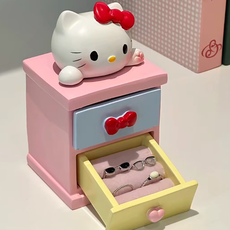 可爱kt首饰盒桌面收纳双层抽屉盒收纳戒指装饰摆件