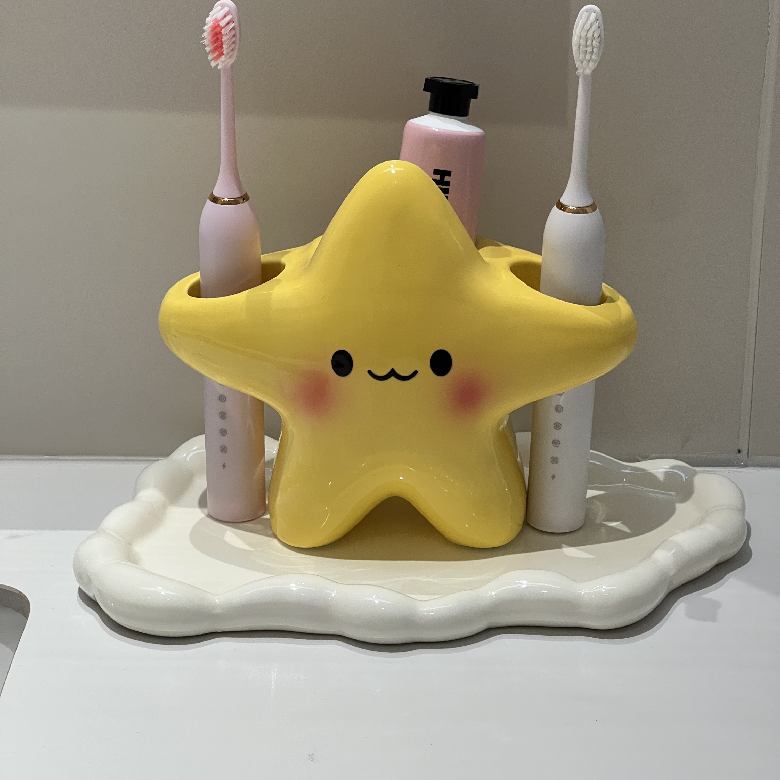 星星牙刷架卫生间家用牙具收纳筒手电动牙刷底座支架陶瓷置物架盘