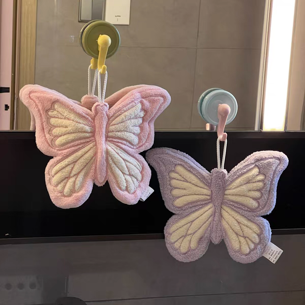 蝴蝶擦手巾可挂式珊瑚绒高颜值卡通加厚柔软厨房卫生间吸水毛巾