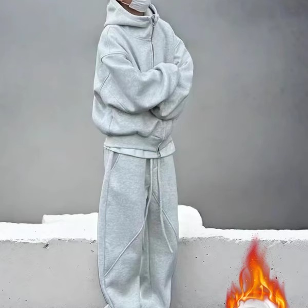 男士休闲套装纯色加厚连帽外套