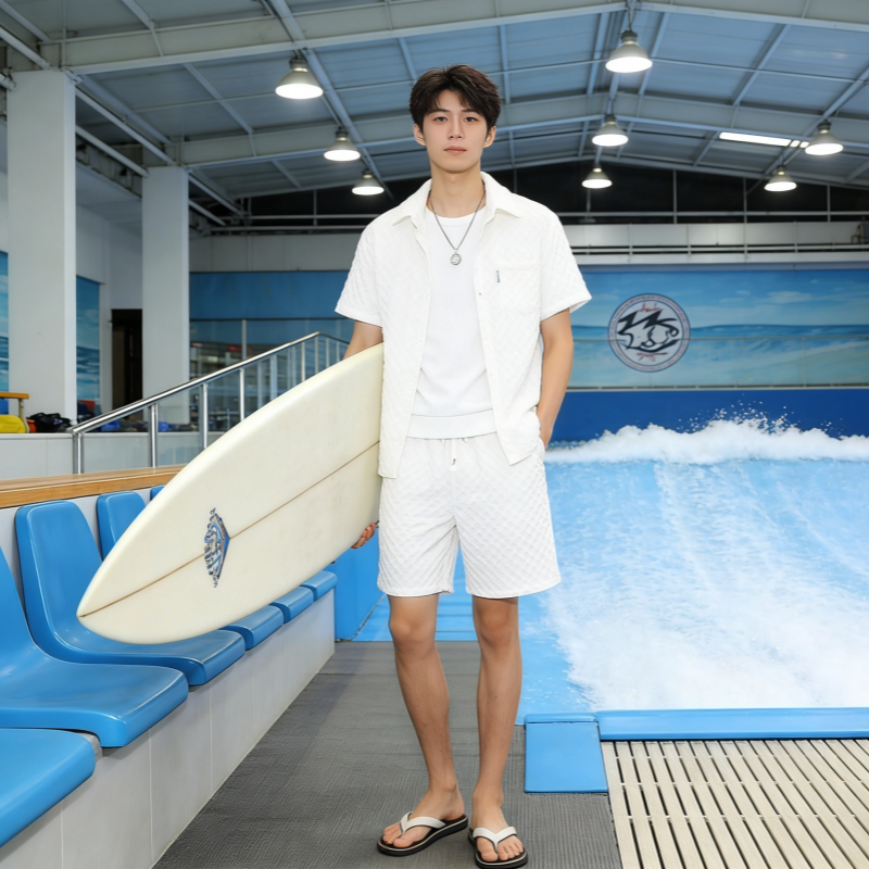 夏季冰丝白色短袖衬衫套装男士潮流五分短裤一整套运动休闲两件套
